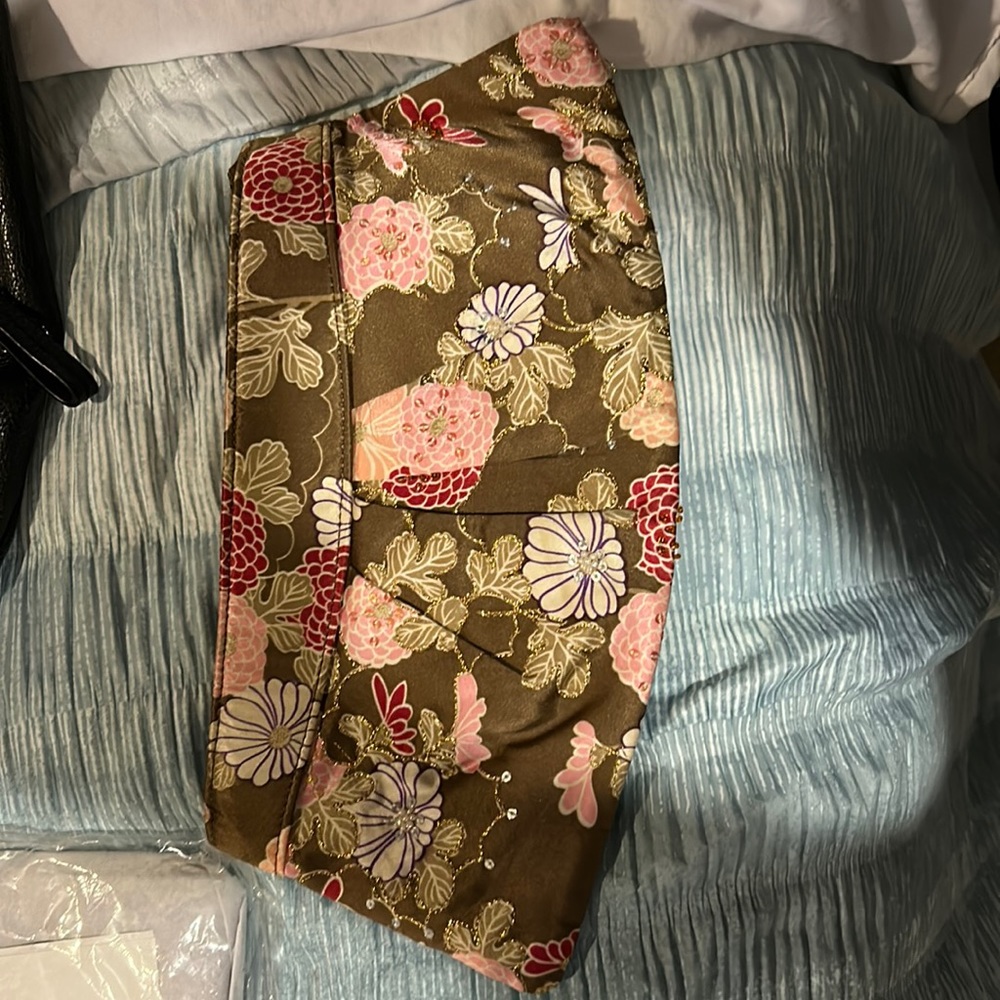 Express floral brown pink red and gold clutch with sequins